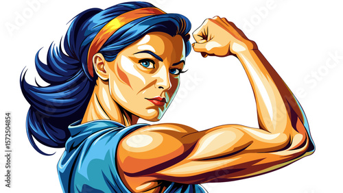 Close up Woman demonstrating strength by flexing her arm muscle against a light  white  background