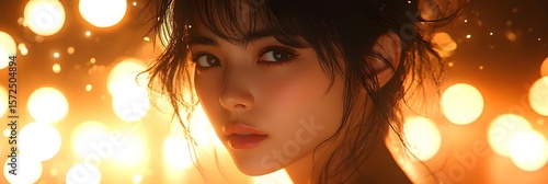 美しいアジア人女性のポートレート、金色のボケライトの背景