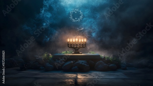 Menorah illuminated on stone tablet symbolizes faith and tradition during Jewish celebrations and holidays