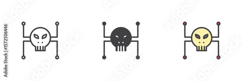 Hacker skull icon set in line, solid and filled outline style