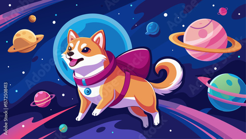 Cute space dog with a pink jetpack floating in colorful galaxy surrounded by planets and stars