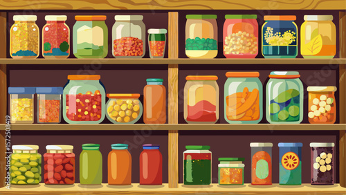 Pantry shelves filled with colorful jars of preserved vegetables, fruits, grains and spices in glass containers