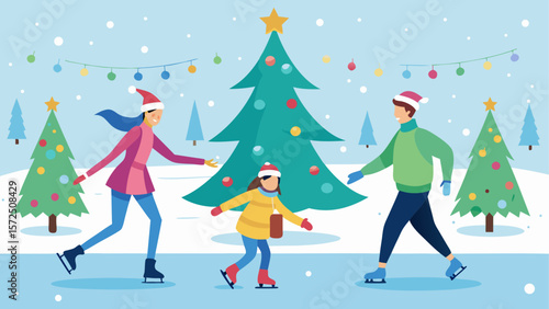 Family ice skating outdoors near decorated Christmas trees in snowy winter park with festive lights