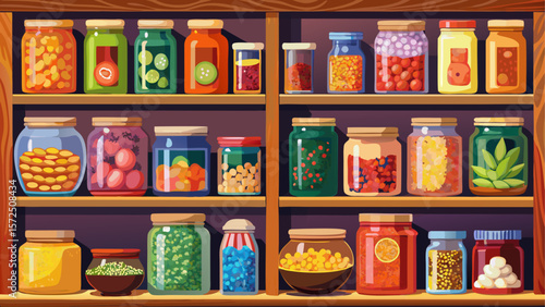 Colorful pantry shelf filled with jars of preserved fruits, vegetables, spices and dry ingredients in glass containers