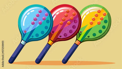 Three colorful cartoon paddles in blue, red and green with glossy surfaces and dotted patterns on beige background