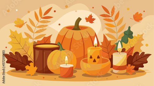 Autumn still life with pumpkins, candles and colorful fall leaves in warm orange and yellow tones