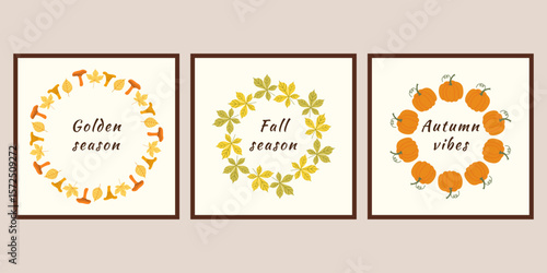 Set of autumn banners wreath of chestnut leaves, mushrooms, pumpkins Vector illustration to design your ideas