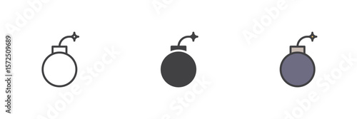 Bomb threat icon set in line, solid and filled outline style