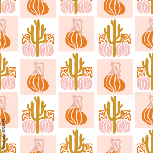 Autumn matisse seamless pattern. Art nouveau landscape with pumpkins and cactus. Tile seamless pattern in groovy 60s 70s vibes.