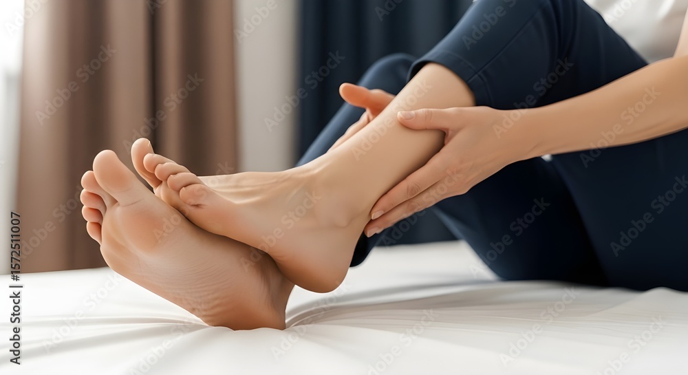 Obraz premium ベッドの上の女性の足と足首のマッサージ、健康管理のコンセプト