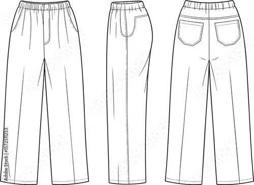 Elastic waist wide-leg pants flat sketch with pockets, front, side, and back view CAD vector fashion technical illustration