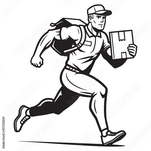 Energetic delivery man running carrying package delivering mail packages boxes quickly courier
