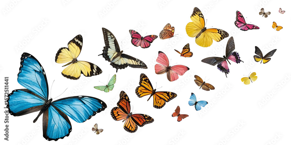 Obraz premium Collection of colorful butterflies in flight isolated on transparent background