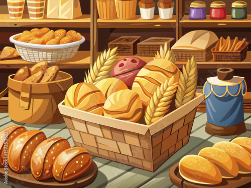 vector of Close-up view of freshly baked bakery and bag of bread in basket in hypermarket