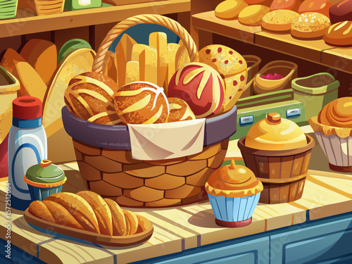 vector of Close-up view of freshly baked bakery and bag of bread in basket in hypermarket
