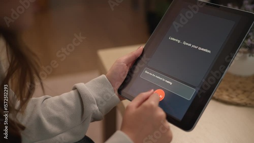Hands Using Tablet Interacting AI Agent Software Home Office