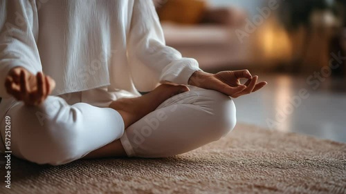 Wallpaper Mural A meditator wearing comfortable white outfit sitting cross legged on mat on peacefully room. Practicing breathing exercise at home, Relaxation and mindfulness concept Torontodigital.ca