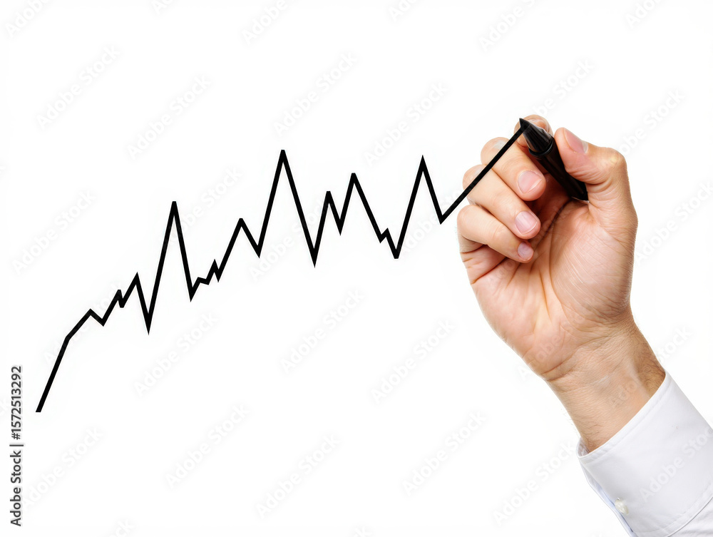 A Hand Illustrates Market Volatility with a Sharp Black Line Graph on White, Representing Economic Fluctuations, Investment Risks, and the Dynamic Nature of Finance A Hand Illustrates Market Volatility with a Sharp Black Line Graph on White, Representing Economic Fluctuations, Investment Risks, and the Dynamic Nature of Finance