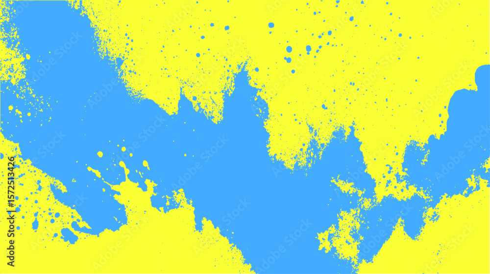 Abstract blue and yellow paint splatter creates a modern background. Bold color contrast vector illustration with dynamic texture.