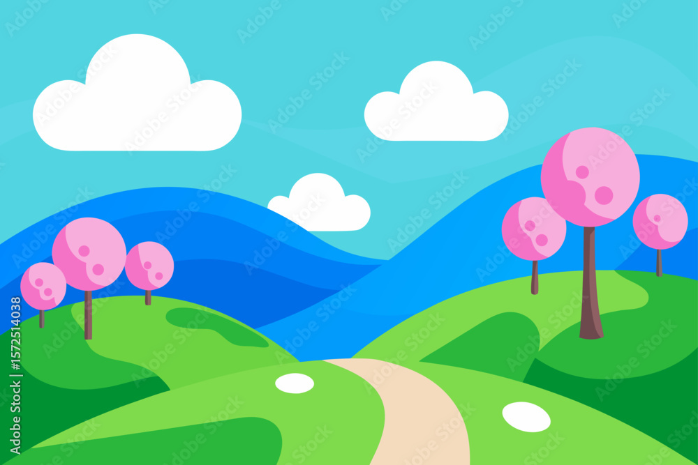 Fototapeta premium Whimsical Landscape Rolling Green Hills Under A Clear Sky