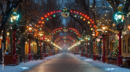 Festive snow-covered street, Christmas lights archway