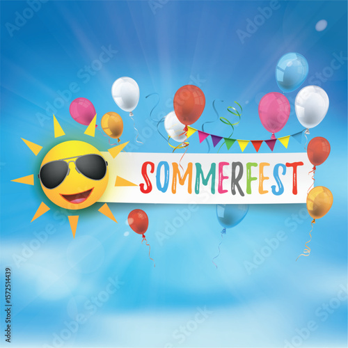 Sommerfest Cover mit Luftballons und Konfetti vor blauem Himmel