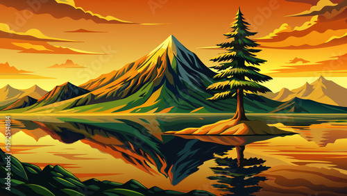 Volcanic mountain vector at sunrise calm lake reflection serene morning light, peaceful nature landscape, mirror water surface, scenic view, outdoor travel, tranquil wilderness scene cartoon