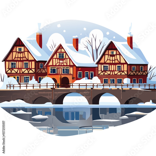 Half-timbered houses and bridge with river winter landscape vector illustration. Christmas European street background for postcard and invitation backdrop.