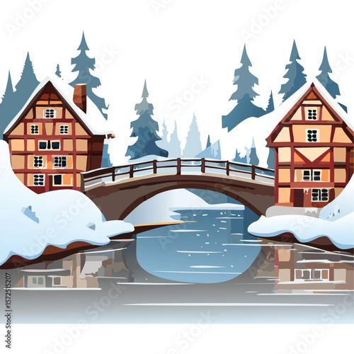 Half-timbered houses and bridge with river winter landscape vector illustration. Christmas European street background for postcard and invitation backdrop.