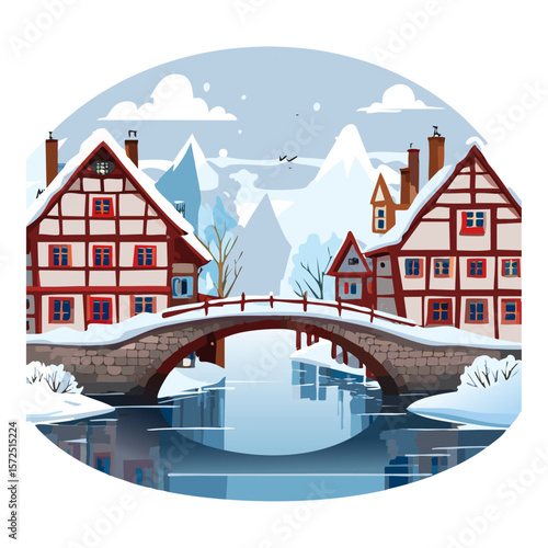 Half-timbered houses and bridge with river winter landscape vector illustration. Christmas European street background for postcard and invitation backdrop.