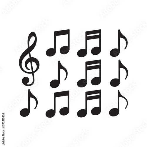 Collection of musical notes and treble clef silhouette vector.