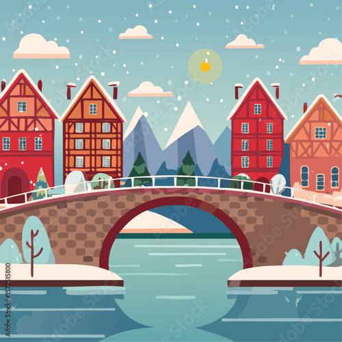 Half-timbered houses and bridge with river winter landscape vector illustration. Christmas European street background for postcard and invitation backdrop.