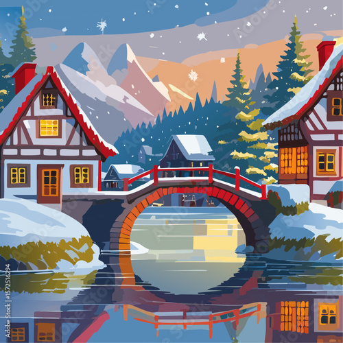 Half-timbered houses and bridge with river winter landscape vector illustration. Christmas European street background for postcard and invitation backdrop.