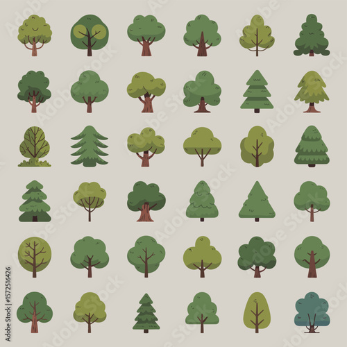Collection of Thirty Six Diverse Cartoon Trees