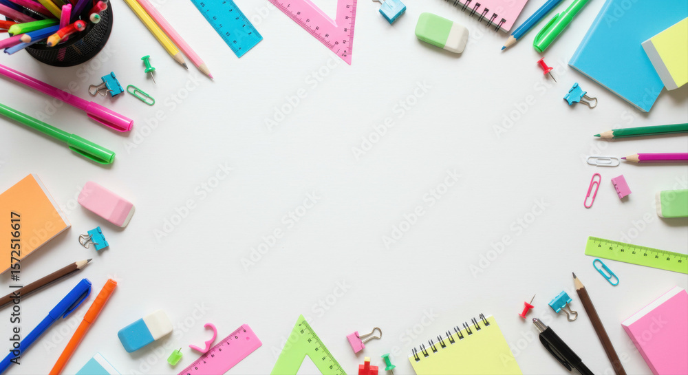 Colorful school supplies frame background Colorful school supplies frame background