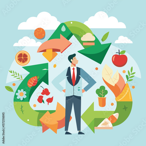 Cartoon vector illustration of a businessman with an umbrella protecting his money in the city, symbolizing financial success
