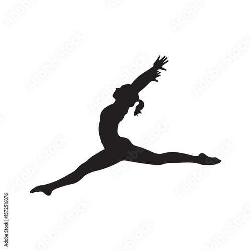 Graceful gymnast performing a dynamic split leap silhouette vector.