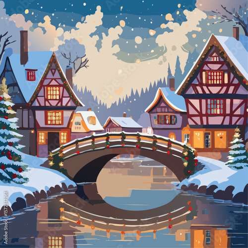 Half-timbered houses and bridge with river winter landscape vector illustration. Christmas European street background for postcard and invitation backdrop.
