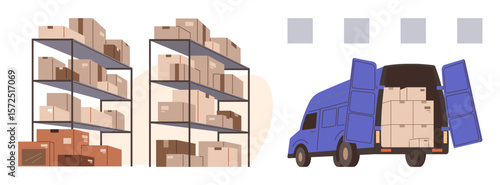 Warehouse racks filled with boxes next to a delivery van loaded with packages. Ideal for logistics, storage, transportation, supply chain, e-commerce, inventory, delivery. Simple flat metaphor