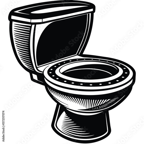 Black and white toilet bowl with open lid bathroom