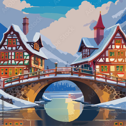 Half-timbered houses and bridge with river winter landscape vector illustration. Christmas European street background for postcard and invitation backdrop.