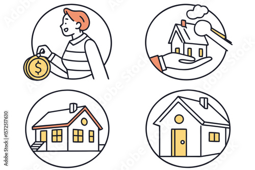 Set of 4 doodle icons for refinance mortgage. White background.