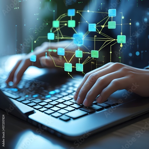 Data flow diagram. Process decomposition and data flow analysis. Engineer using laptop computer to manage data processing system.