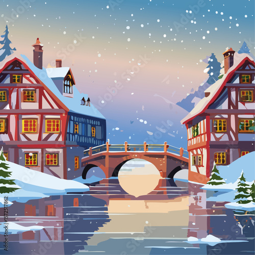 Half-timbered houses and bridge with river winter landscape vector illustration. Christmas European street background for postcard and invitation backdrop.