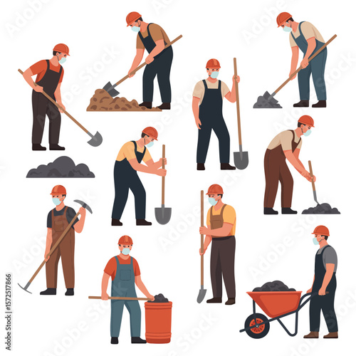 Construction Workers Wearing Masks Digging and Shoveling