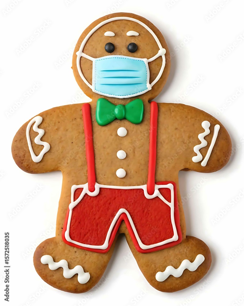 Obraz premium Gingerbread man wearing a blue medical face mask and red suspenders