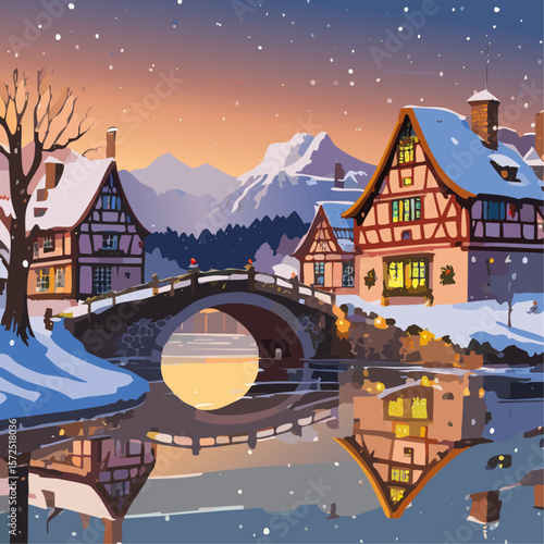 Half-timbered houses and bridge with river winter landscape vector illustration. Christmas European street background for postcard and invitation backdrop.