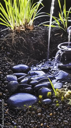 Miniature Waterfall: Serene mini zen garden waterfall cascading over smooth black pebbles, next to lush green grass. Offers tranquility and peace.