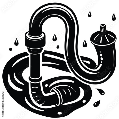 Black vector plumbing snake tool with water drops drain
