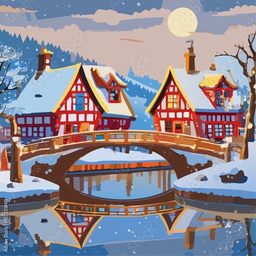 Half-timbered houses and bridge with river winter landscape vector illustration. Christmas European street background for postcard and invitation backdrop.